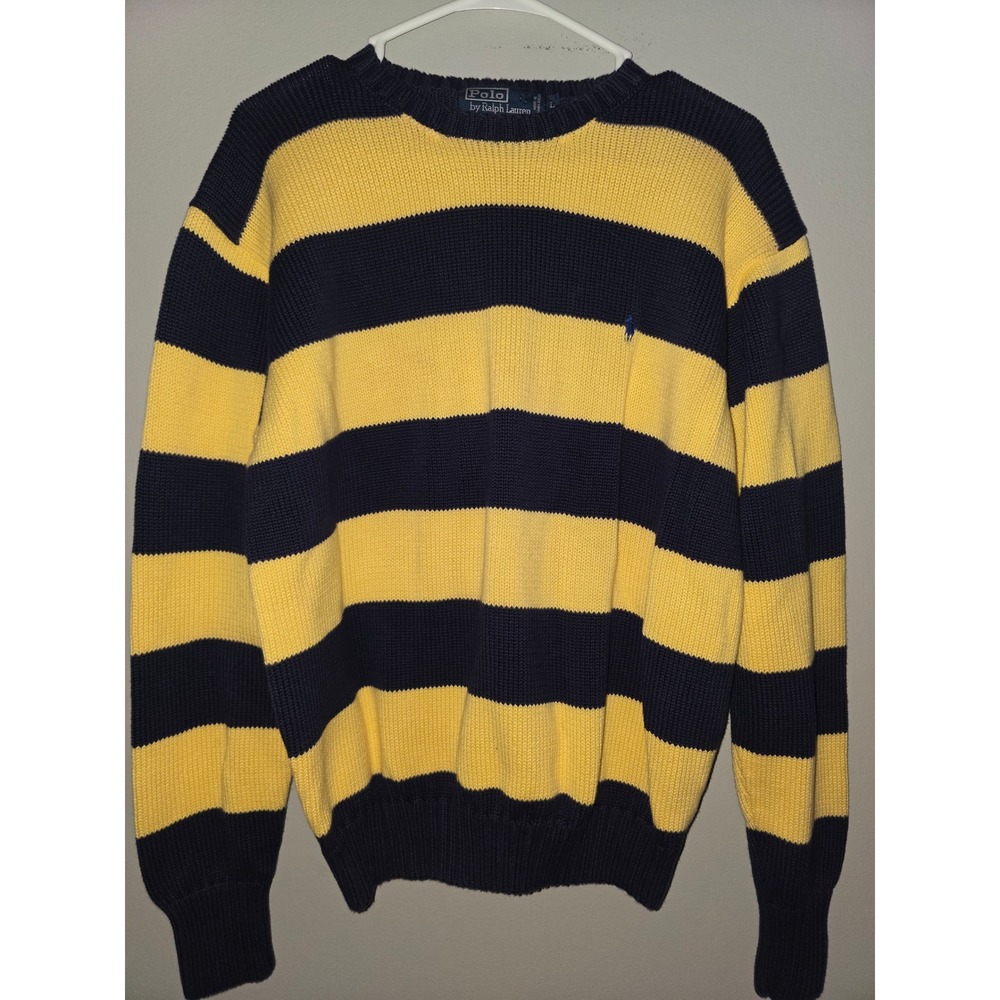 Polo Ralph Lauren Mens Striped Cotton Knit Crewneck Sweater Navy Yellow Large
